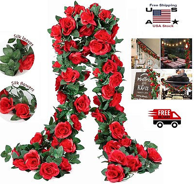 #ad 3× Garland Wall Silk Artificial Hanging Rose Red Flowers Vine Wedding Decor US $10.99