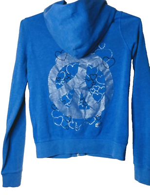 #ad PINK Victoria#x27;s Secret Blue Hoodie Sweatshirt Peace Hearts Zip Women#x27;s XS Zip $12.97