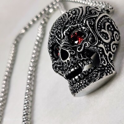 #ad Large Skull Pendant Necklace Stainless Steel Black Chrome 29quot; Unique Free Ship $75.00
