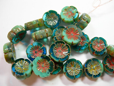 #ad 10 beads Capri Blue Turquoise Blend Picasso Czech Glass Flower Beads 14mm $6.99