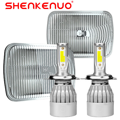 #ad Pair 5X7quot; 7X6 Glass Headlight Lamp Housing High Low Beam H4 9003 LED Bulbs $79.99