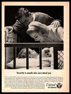 #ad 1964 United Of Omaha Life Insurance Parents Baby Girl In Crib Vintage Print Ad $6.97