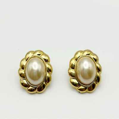 #ad Vintage Faux Pearl Oval Cabochon Pierced Stud Earrings Gold Tone Rope Frame $22.99