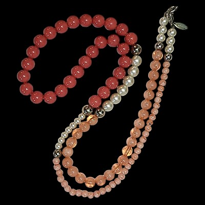 #ad Talbots Coral amp; Gold Tones Long Graduated Acrylic Bead Necklace 36quot; $14.30