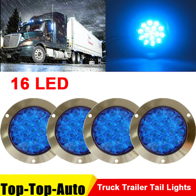 16 LED 4quot; Round Blue Side Trailer Truck Brake Stop Turn Signal Tail Light 12 24V $36.99
