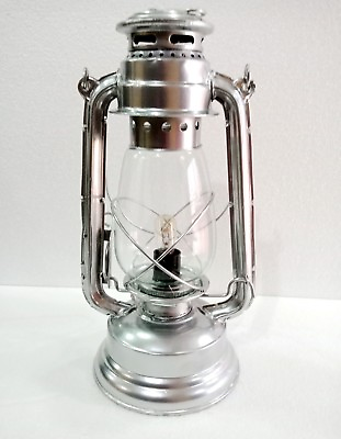 #ad Electric Vintage Stable Silver Lantern Lamp with Blown Glass Chimney $37.50