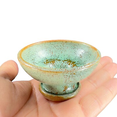 #ad Hand Made Studio Art Pottery Small Miniature Dish Bowl Trinket Green Brown VTG $14.00