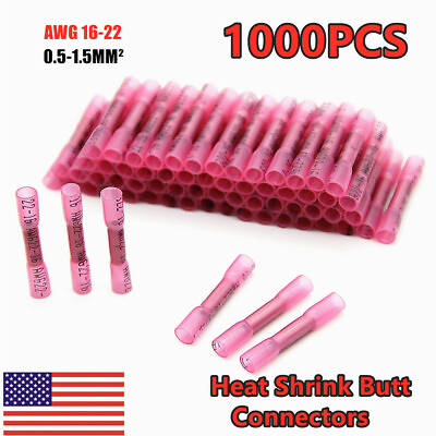 #ad 100 1000X Heat Shrink Waterproof Wire Connectors Red 22 16GA Butt Seal Terminals $52.98