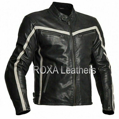 #ad NEW Pattern Men Black Genuine Sheepskin 100% Leather Jacket Stripped Zipper $119.20