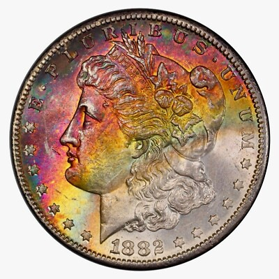 #ad 1882 S Morgan Silver Dollar PCGS MS63 Red Yellow White Rainbow Toned Vid $584.99