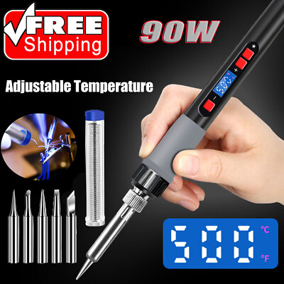 #ad 90W Soldering Iron Pen Kit Electric Adjustable Temperature Welding Solder Wire $13.13