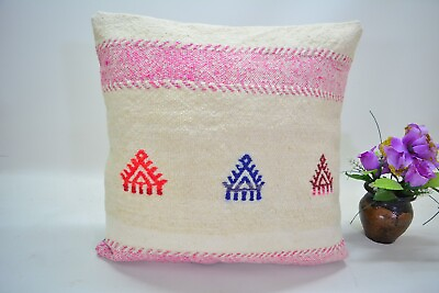 #ad Turkish Handmade Square Pillow Cover 16x16in Antique White Pink Kilim Pillow $42.00