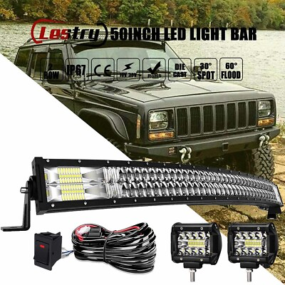 For Jeep Cherokee XJ Front Upper Roof 50quot; Curved LED Light Bar Combo4quot; Pods Kit $85.99