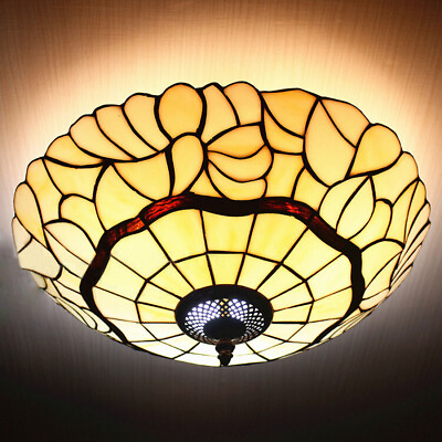 #ad Rust Tiffany Flush Mount Light Stained Glass Ceiling Lamp with Hollow Out Bottom $149.00