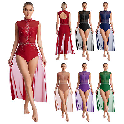 #ad Womens Dance Dress Flowy Costume Press Buttons Dancewear Rhinestone Leotard $18.30