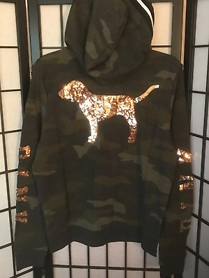 #ad VICTORIA#x27;S SECRET PINK CAMOUFLAGE CAMO ROSE GOLD BLING PERFECT FULL ZIP HOODIE $98.74