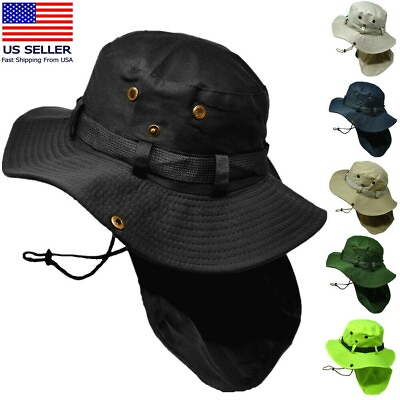 Unisex Bucket Boonie Hat Neck Cover Flap Sun Wide Brim Fishing Solid Outdoor Cap $19.99