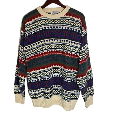 #ad HAMPTON BAY Sweater Fair Isle Nordic 100% Cotton Made USA Vintage Cozy Warm Sz M $48.94