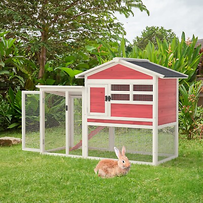#ad 52quot; Wooden Rabbit Hutch 2 Tier Bunny Cage Small Animal House w Run Outdoor Red $134.99