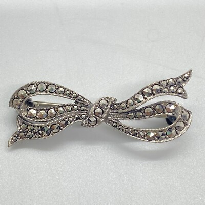 #ad Marcasite Silver Bow Brooch Marked 800 CB Petite Ribbon Vintage $24.99