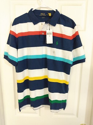#ad Polo Ralph Lauren Men Blue Multi Classic Fit Striped Mesh Polo Shirt Size M NWT $50.00