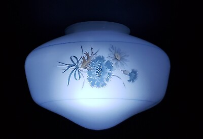 #ad Vintage White Glass Floral Blue Flower Bouquet Ceiling Light Fixture Shade Dome $39.00
