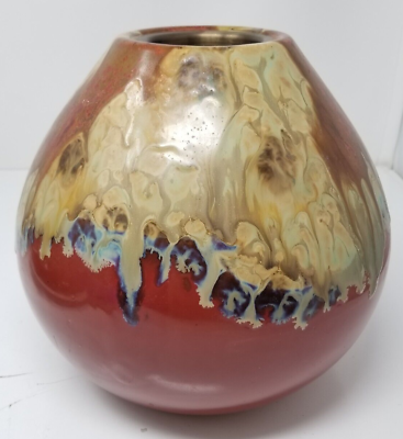 #ad Earth Rain Drop Vase Drip Glaze Brass Insert Planter Vintage Handmade $39.95