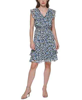 #ad TOMMY HILFIGER Fit amp; Flare Dress Chiffon Blue Floral Ruffled Sleeves Size 8 NWT $33.74