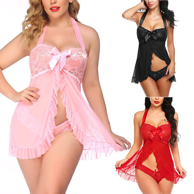 #ad Women Lace Babydoll Lingerie Sexy Chemise Open Front Nightie Sleepwear Dress US $12.61