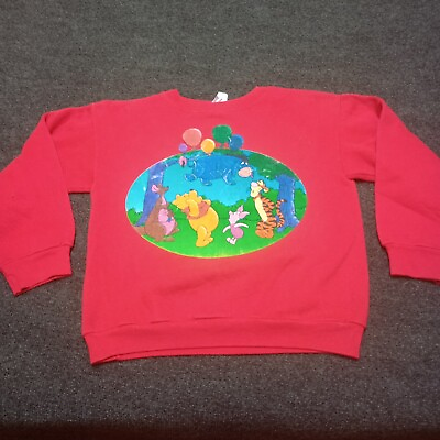 #ad Vintage Rare Pooh Family Sweater Sweatshirt Youth Large 10 12 Red Crew Neck 90s $15.99