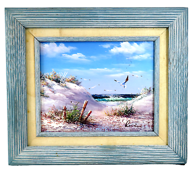 #ad Edward Runci 8quot; x 10quot; Oil Painting Ocean Beach Seagulls Dunes 13quot; x 15quot; Frame $150.00