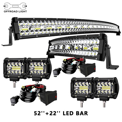 52quot; LED LIGHT BAR 22quot; 4x 4quot; Cube Pods Wire Kit for Jeep Wrangler JK 4WD 4X4 $143.30