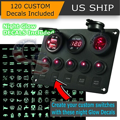 5 Gang On Off Red LED Toggle Switch Panel Voltmeter Dual USB Car Boat Marine $24.95