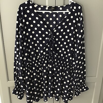 #ad Suzanne Betro Poly Long Sleeve Navy Polka Dots Tie Front Elastic Waist Top 2X $27.99