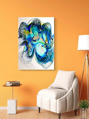 #ad Original Art Acrylic Canvas Abstract Painting 16quot;X20quot; Almas Nebula Fluid Blue $250.00
