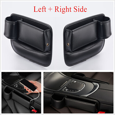 #ad Pair PU Leather Car Seat Crevice Storage Bag Organizer Box With Phone Cup Holder $38.26