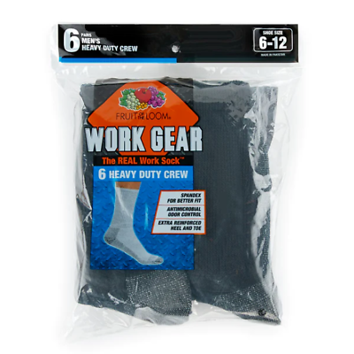 #ad 6 Pair Mens Cushion Crew Socks Fruit of the Loom Heavy Duty Work Gear $17.39