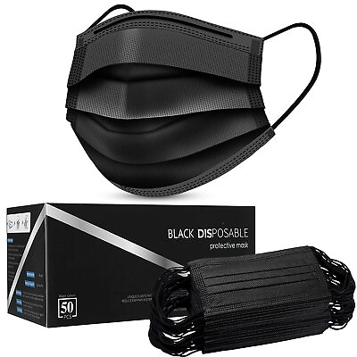 #ad 50 PCS Black Face Mask Mouth amp; Nose Protector Respirator Disposable Masks Black $9.99
