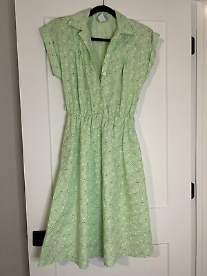 #ad Blair 70s Green Shirt Dress Short Cuffed Sleeve Elastic Waist Size 10 Vintage $24.00