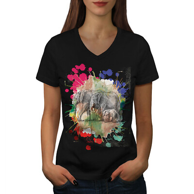 #ad Wellcoda Elephant Family Womens V Neck T shirt Animals Graphic Design Tee GBP 15.99