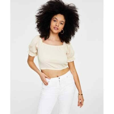 #ad NEW Bar III Cream Beige Square Neck Crop Top Puff Sleeve Blouse Size L Large $14.99