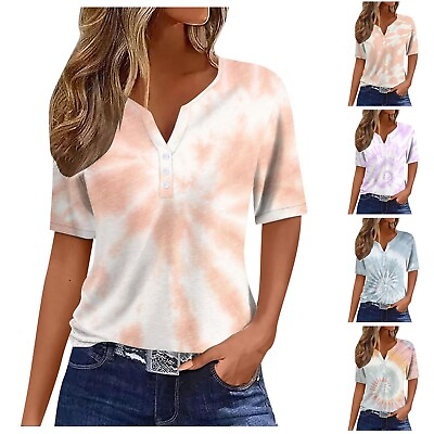 #ad Womens L Tops V Neck Buttons Sexy Shirts Short Sleeve Dressy Blouses ZF $17.34
