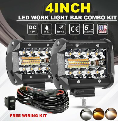 2x 4quot; LED Work Light Pods Combo White Amber Strobe Wire KIT Offroad Truck 4WD $31.99