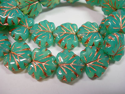 #ad 10 beads Turquoise Opal Czech Glass Maple Leaf Beads 11x12mm $4.00