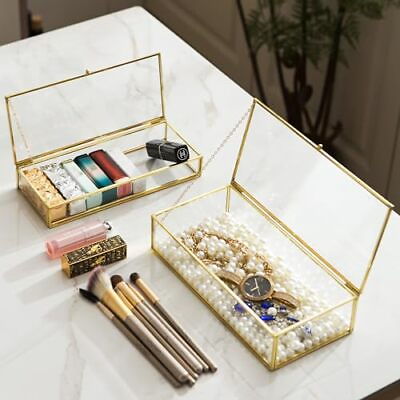 #ad Glass Vintage Jewelry Box Set 2pcs Rectangle Jewelry Display Lipstick Organi... $35.68