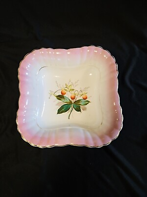 #ad Square Porcelain Deep Bowl 8.5 Inch Diameter Vintage Strawberries Pink Edge $16.99