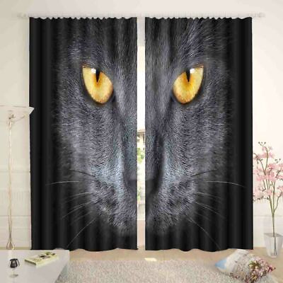 #ad Black Yellow Eyes Cat 3D Curtain Blockout Photo Printing Curtains Drape Fabric AU $329.99