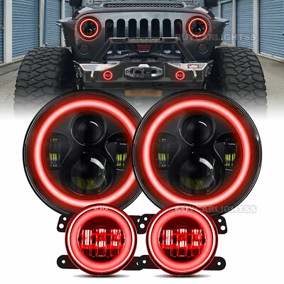 RED HALO LED Headlights Fog Lights W DRL Turn Lights For 07 18 Jeep Wrangler JK $119.99