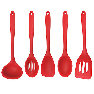 #ad Red Cookware 5 Piece Silicone Cooking Utensils Ideal For Nonstick Cookware $29.15