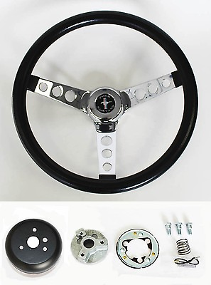 #ad 65 69 Ford Mustang Steering Wheel Black and Chrome 14 1 2quot; Mustang Center Cap $129.96